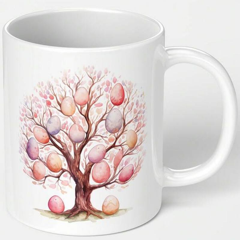 Tailorly White Ceramic 11 oz Mug - Artistic Watercolor Branches Adorned With Colorful Pastel Easter Eggs Growing Tree