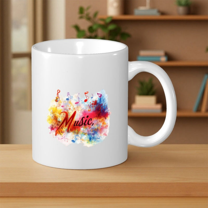 Tailorly White Ceramic 11 oz Mug - Music Vibrant Colorful Watercolor Splash Featuring Artistic Dancing Musical Note