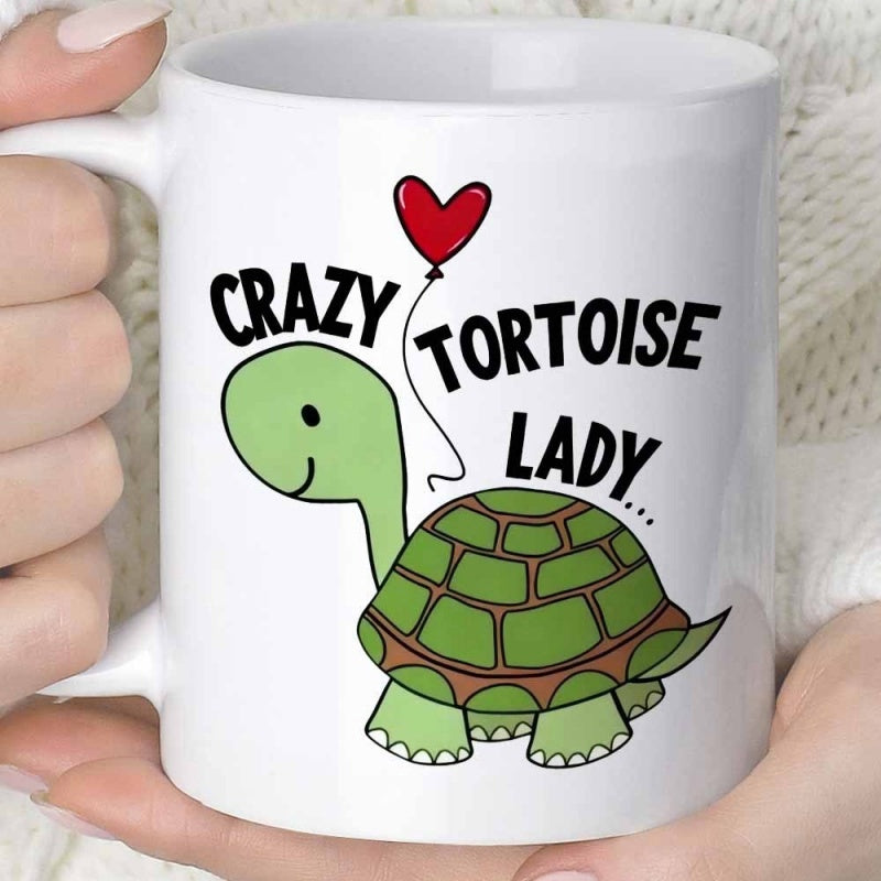 Tailorly White Ceramic 11 oz Mug - Crazy Tortoise Lady Smiling Green Cartoon Shell With A Red Heart Shaped Balloon Tortoise