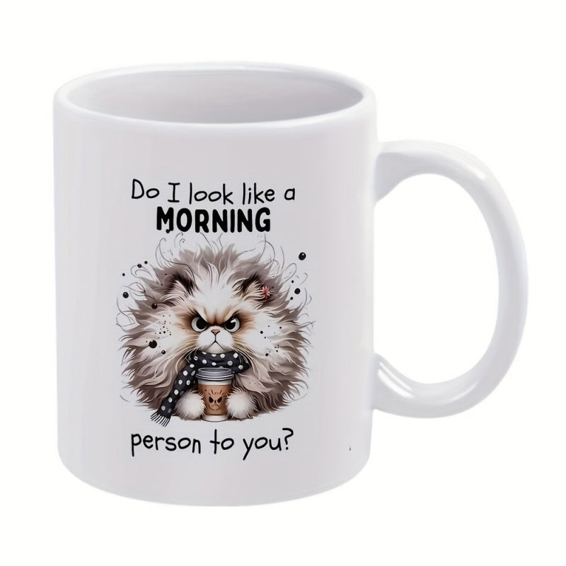 Tailorly White Ceramic 11 oz Mug - Do I Look Like A Morning Person To You Grumpy Fluffy Feline Holding Coffee Cup With Polka Dot Scarf Cat