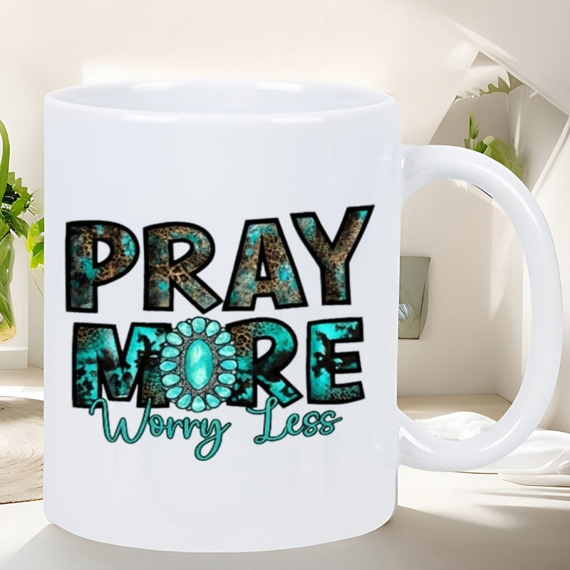 Tailorly White Ceramic 11 oz Mug - Pray More Worry Less Rustic Western Turquoise Texture Featuring Decorative Stone Medallion Among Script Lettering
