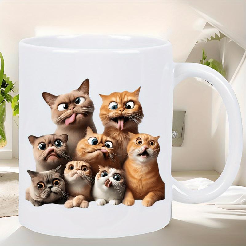 Tailorly White Ceramic 11 oz Mug - Whimsical Collection Of Adorable Felines With Exaggerated Silly Facial Expressions Cats