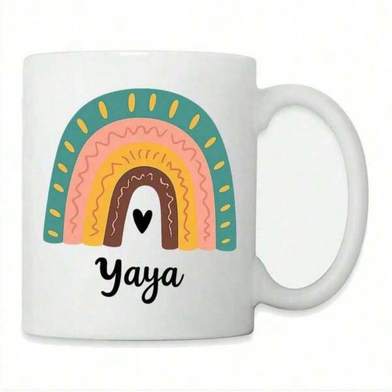 Tailorly White Ceramic 11 oz Mug - Yaya Hand Drawn Bohemian Arches With Small Central Black Heart Rainbow