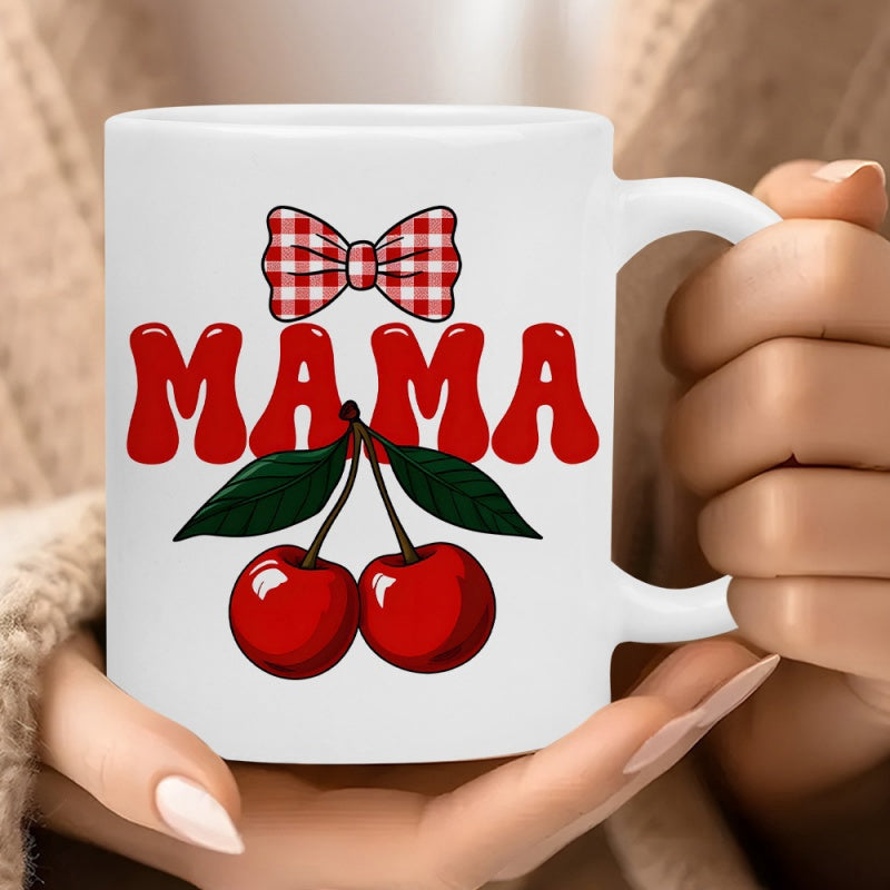Tailorly White Ceramic 11 oz Mug - Mama Red Gingham Bow Tie Above Retro Lettering With Ripe Twin Cherries