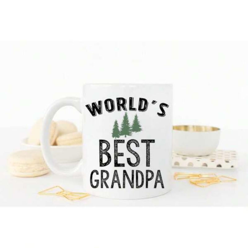 Tailorly White Ceramic 11 oz Mug - Worlds Best Grandpa Three Minimal Evergreen Forest Trees Centered On White Ceramic Background Pine Tree