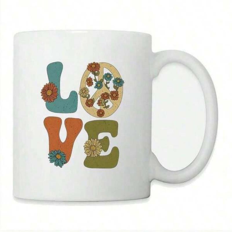 Tailorly White Ceramic 11 oz Mug - Love Retro Groovy Style Floral Pattern Featuring Peace Symbol Artistic Colorful Mug