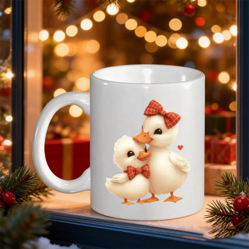 Tailorly White Ceramic 11 oz Mug - Two Adorable Cuddling Ducklings Wearing Festive Red Plaid Bows Under Gentle Light Duck