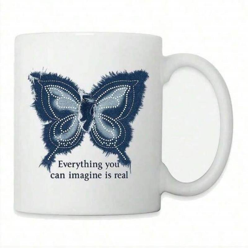 Tailorly White Ceramic 11 oz Mug - Everything You Can Imagine Is Real Intricate Denim Blue Artistic Sketch Style With Delicate Wing Details Flying Butterfly