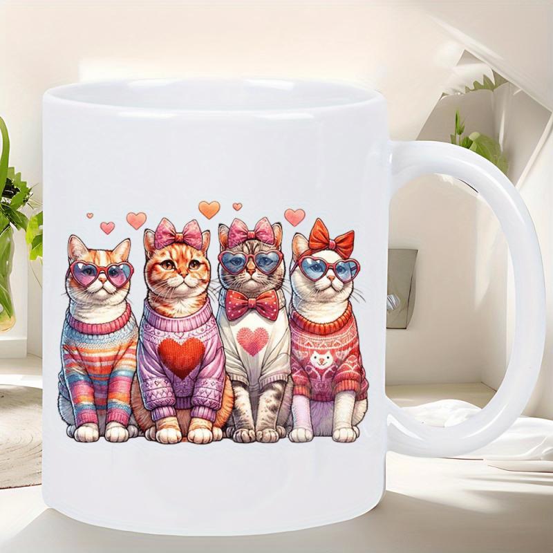 Tailorly White Ceramic 11 oz Mug - Adorable Group Of Stylized Kitties Wearing Colorful Sweaters And Hearts Cats