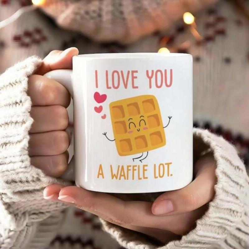 Tailorly White Ceramic 11 oz Mug - I Love You A Waffle Lot Adorable Smiling Breakfast Character Surrounded By Floating Pink Love Hearts Waffle