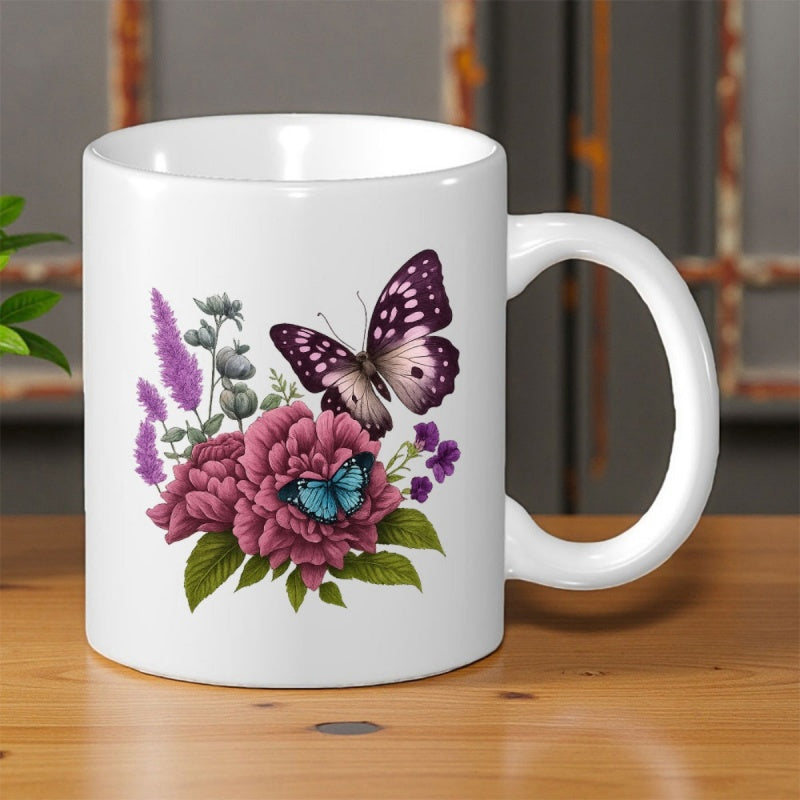 Tailorly White Ceramic 11 oz Mug - Graceful Purple Wings Resting Among Vibrant Petals Of A Peony Butterfly