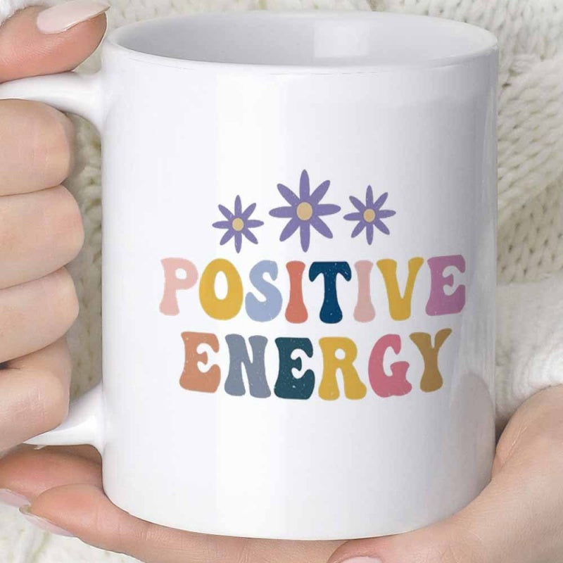 Tailorly White Ceramic 11 oz Mug - Positive Energy Colorful Retro Letters With Charming Purple Blossoms Above Text Flower