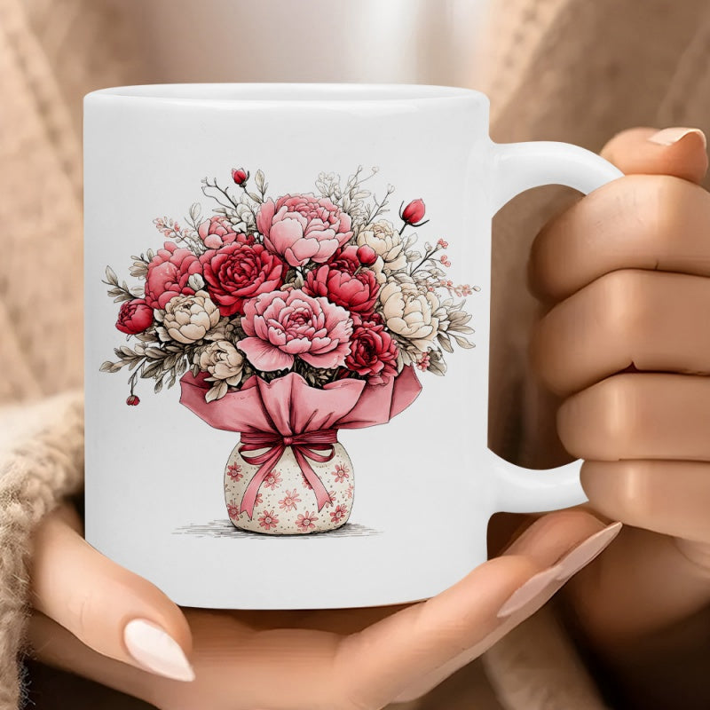 Tailorly White Ceramic 11 oz Mug - Vibrant Pink And Red Peonies Blooming Inside A Decorative Patterned Vase Bouquet