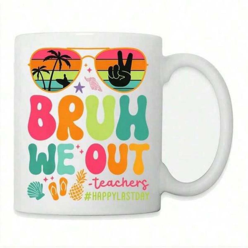 Tailorly White Ceramic 11 oz Mug - Bruh We Out Teachers Happy Last Day Vibrant Retro Sunglasses Featuring Palm Trees Sunset And Summer Symbols Mug