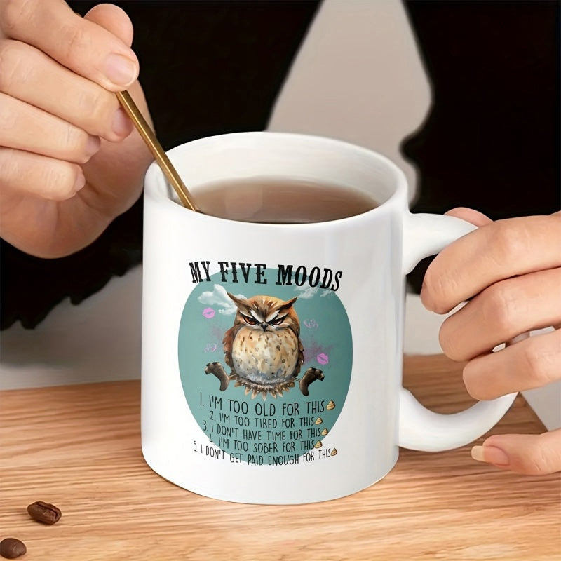 Tailorly White Ceramic 11 oz Mug - My Five Moods Grumpy Brown Owl Resting Quietly Within A Soft Teal Circular Frame Owl