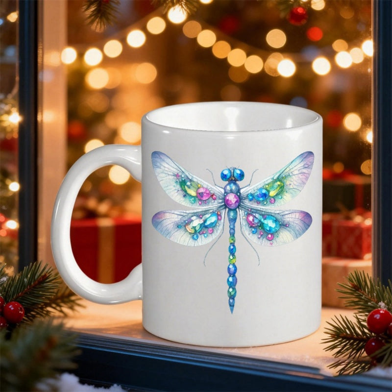 Tailorly White Ceramic 11 oz Mug - Intricate Wings Decorated With Vibrant Sparkling Colorful Jewels And Elegant Dragonfly