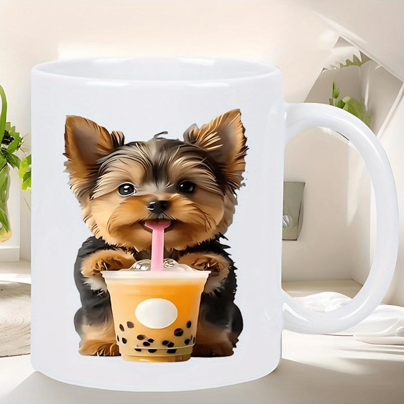 Tailorly White Ceramic 11 oz Mug - Adorable Small Yorkshire Terrier Puppy Sipping Refreshing Orange Bubble Tea Drink Yorkie