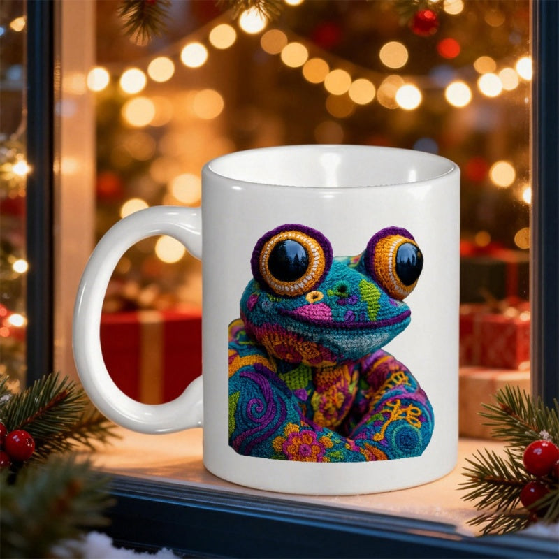 Tailorly White Ceramic 11 oz Mug - Vibrant Colorful Patterned Crochet Style Sitting In Festive Christmas Atmosphere Frog