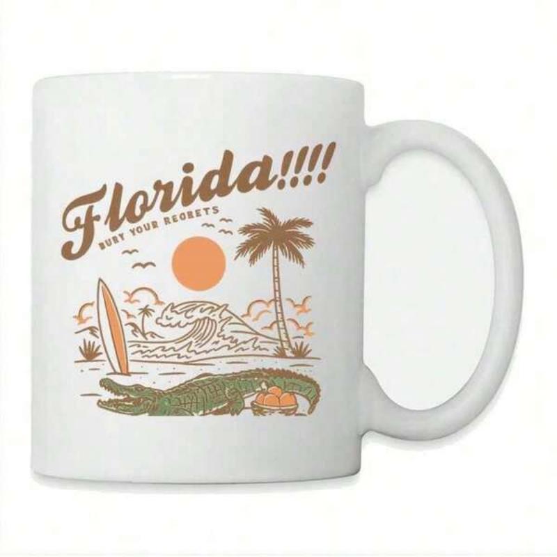Tailorly White Ceramic 11 oz Mug - Florida Keep Your Secrets Resting Alligator By Tropical Ocean Waves Under Sun With Palm Tree Alligator