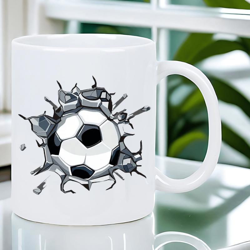 Tailorly White Ceramic 11 oz Mug - Three Dimensional Cracking Wall Effect With Shattered Gray Stones Soccer Ball