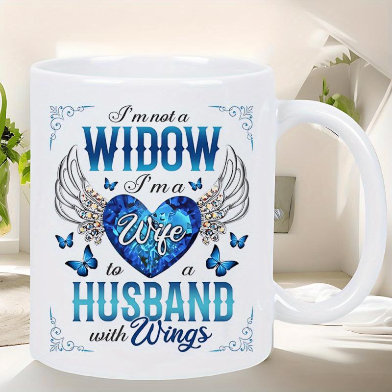 Tailorly White Ceramic 11 oz Mug - Im Not A Widow Im A Wife To A Husband With Wings Elegant Blue Heart With Angelic Wings And Delicate Butterflies Among Swirling