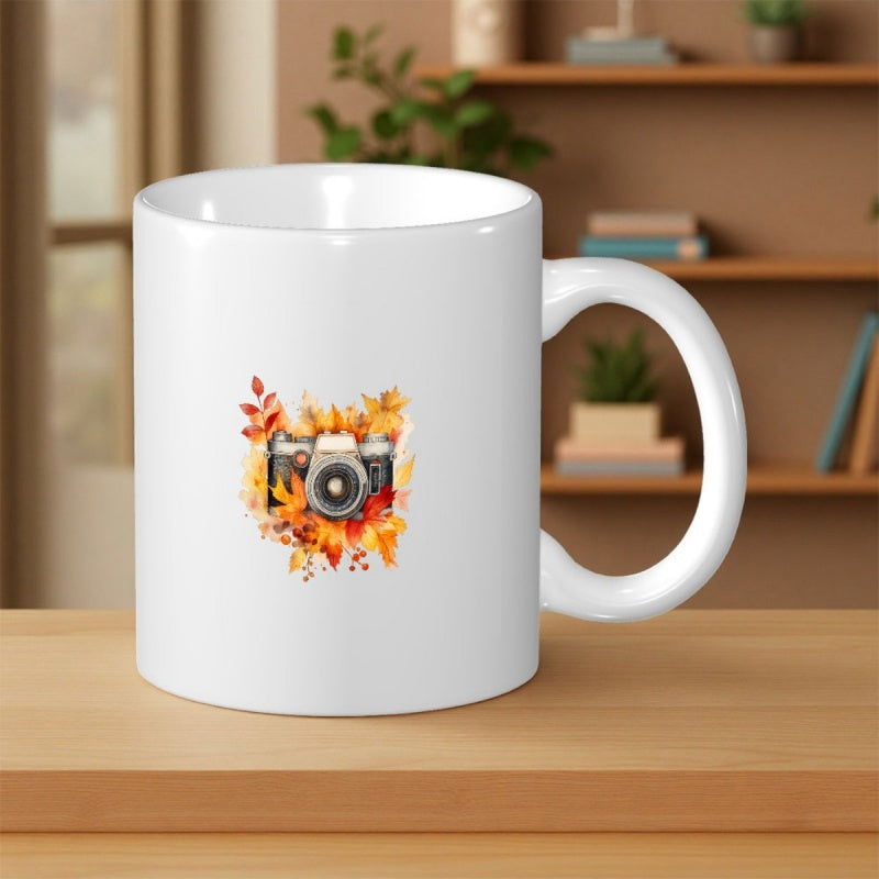 Tailorly White Ceramic 11 oz Mug - Retro Style Film Camera Surrounded By Vibrant Orange And Golden Falling Leaves Camera