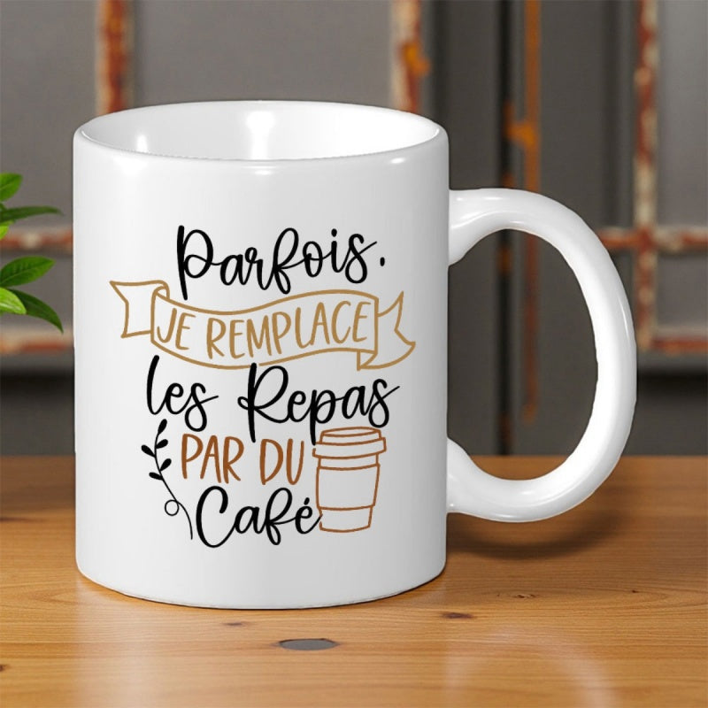 Tailorly White Ceramic 11 oz Mug - Minimalist Coffee Cup Illustration With Botanical Leaf And Ribbon Banner Mug