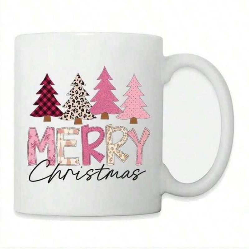Tailorly White Ceramic 11 oz Mug - Merry Christmas Four Stylish Pine Trees With Leopard And Plaid Pattern Prints Tree
