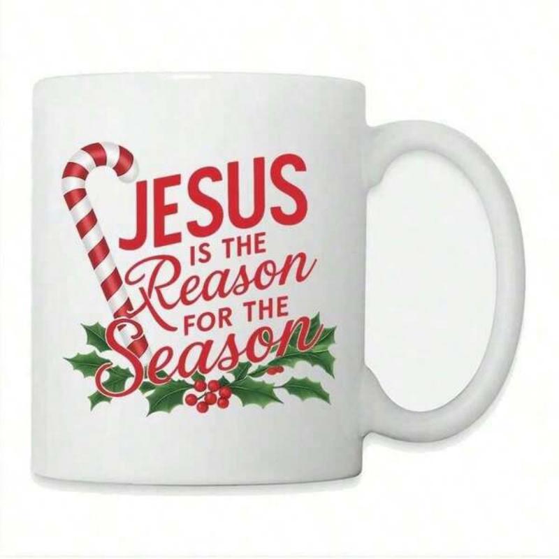 Tailorly White Ceramic 11 oz Mug - Jesus Is The Reason For The Season Festive Red Striped Candy Cane With Green Holly Leaves And Berries Candy Cane