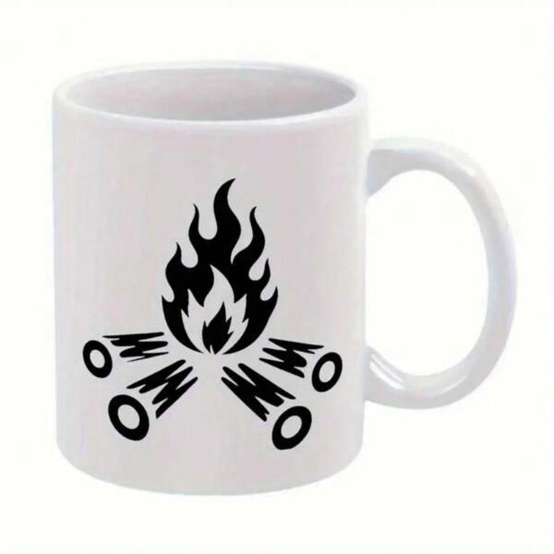 Tailorly White Ceramic 11 oz Mug - Black Minimalist Vector Flames Burning Above Stacked Wooden Log Silhouettes Campfire