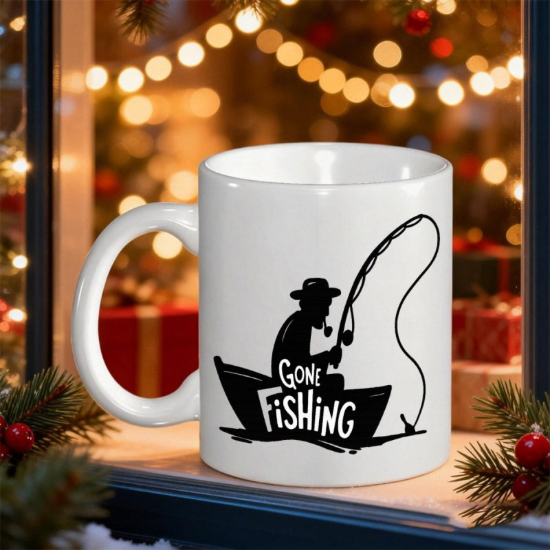 Tailorly White Ceramic 11 oz Mug - Gone Fishing Silhouette Style Man Sitting In Boat Holding Fishing Rod Over Water Fisherman