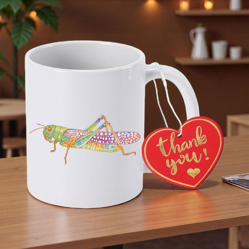 Tailorly White Ceramic 11 oz Mug - Thank You Colorful Artistic Insect With Detailed Patterns Standing On A White Surface Grasshopper