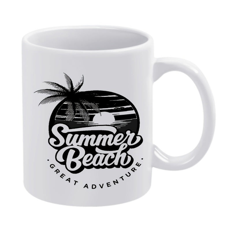 Tailorly White Ceramic 11 oz Mug - Summer Beach Great Adventure Tropical Palm Tree Silhouetted Against Sunset Waves Under Glowing Sun Beach