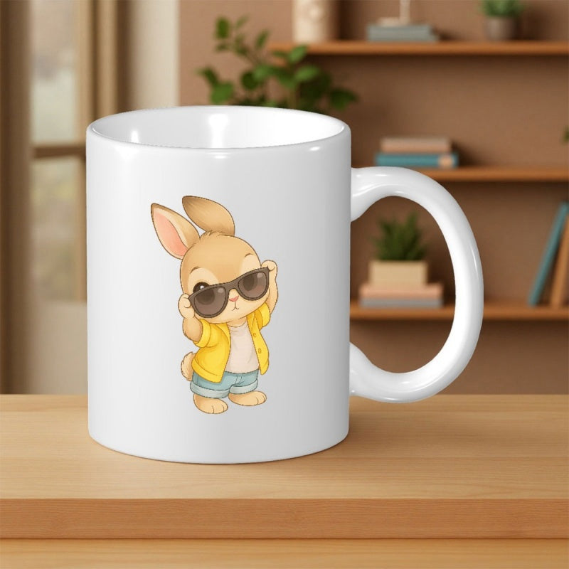 Tailorly White Ceramic 11 oz Mug - Adorable Cartoon Bunny Wearing Sunglasses And Yellow Shirt Near Tropical Vibe Rabbit