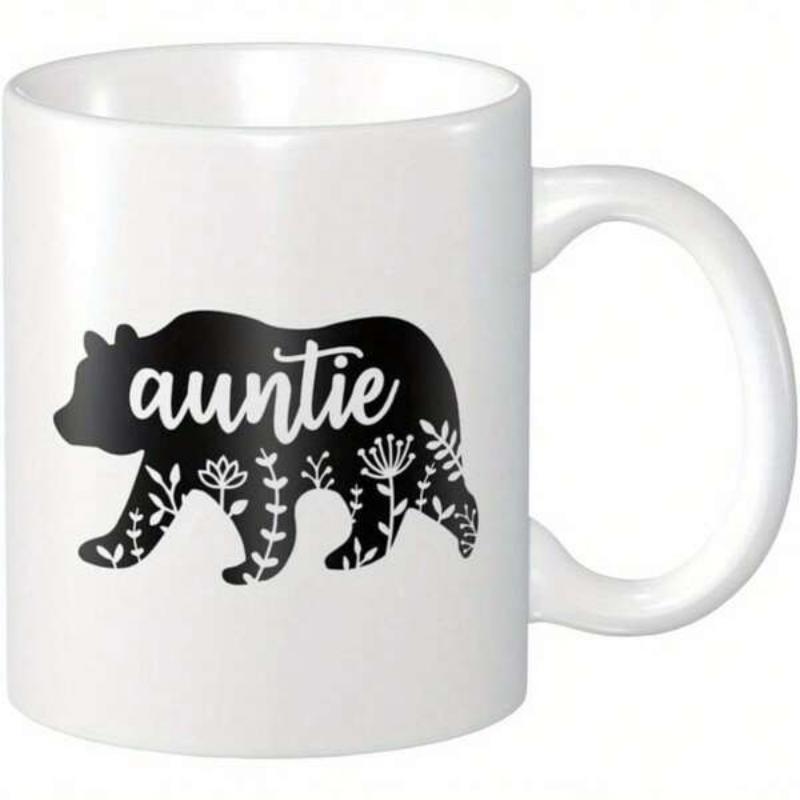 Tailorly White Ceramic 11 oz Mug - Auntie Minimalist Black Silhouette Featuring White Floral Patterns And Botanical Details Bear