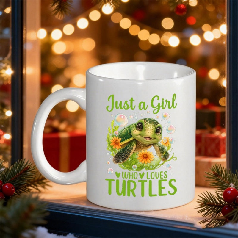 Tailorly White Ceramic 11 oz Mug - Just A Girl Who Loves Turtles Cute Green Shell With Big Eyes Surrounded By Blooming Garden Turtle