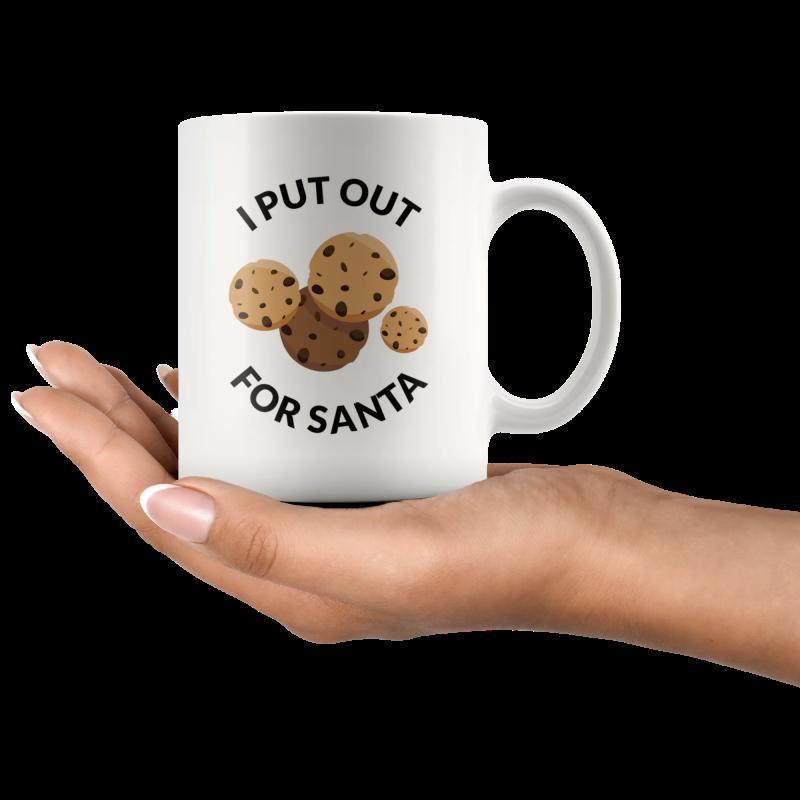 Tailorly White Ceramic 11 oz Mug - I Put Out For Santa Four Delicious Brown Chocolate Chip Cookies Floating On A White Surface Cookies