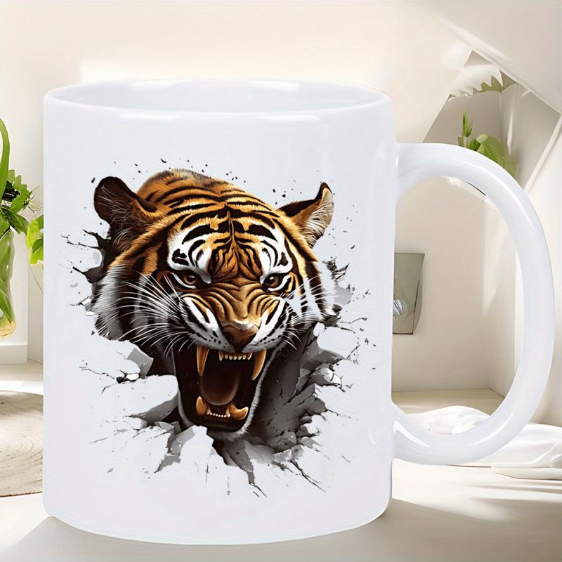 Tailorly White Ceramic 11 oz Mug - Fierce Roaring Wild Cat Bursting Through Cracked White Surface Tiger