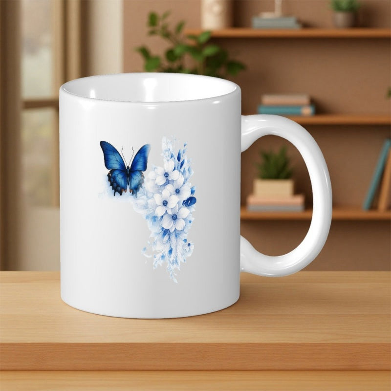 Tailorly White Ceramic 11 oz Mug - Elegant Blue Watercolor Wings Resting Over Soft Pale Floral Blossoms Butterfly
