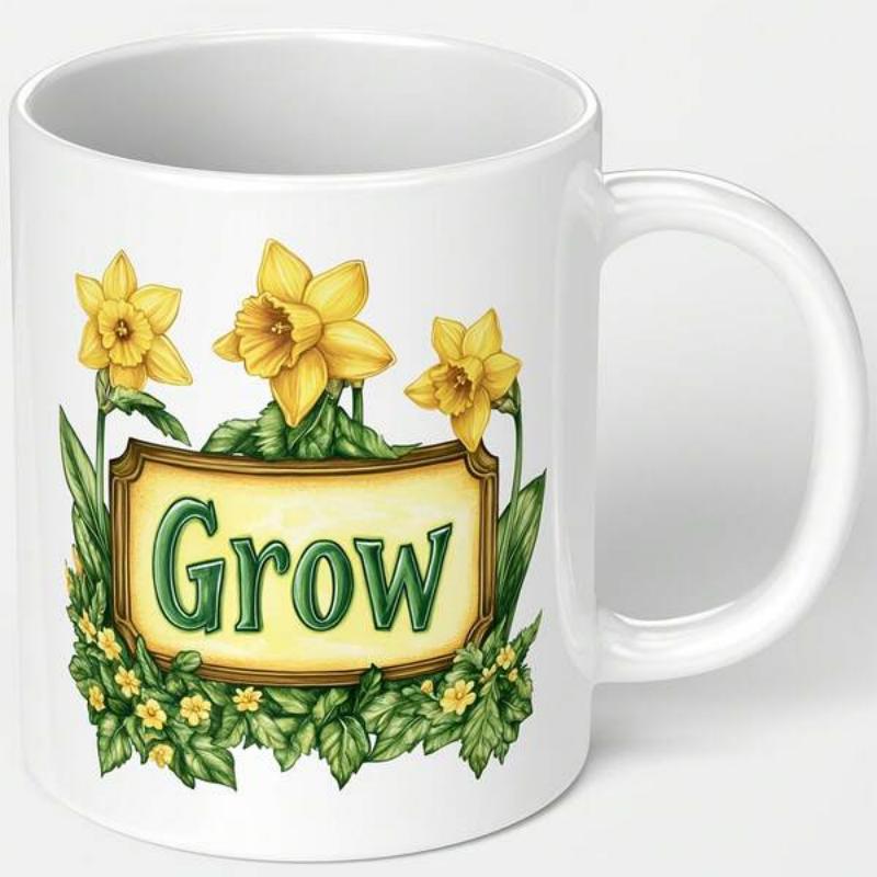 Tailorly White Ceramic 11 oz Mug - Grow Blooming Yellow Daffodils Among Vibrant Green Leaves Within A Vintage Plaque Daffodil