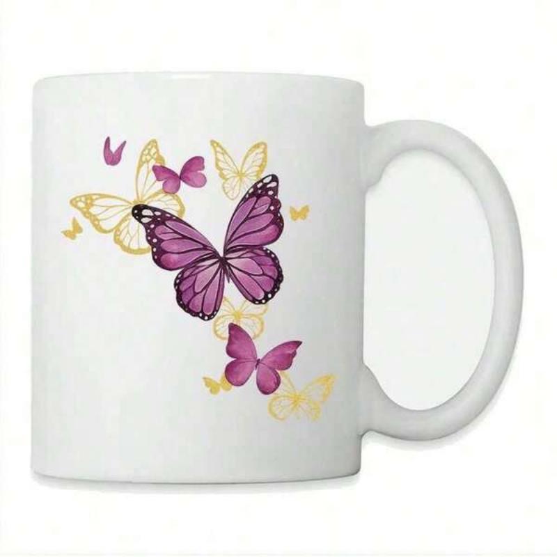 Tailorly White Ceramic 11 oz Mug - Graceful Purple And Golden Silhouettes Dancing Through A Summer Breeze Butterfly