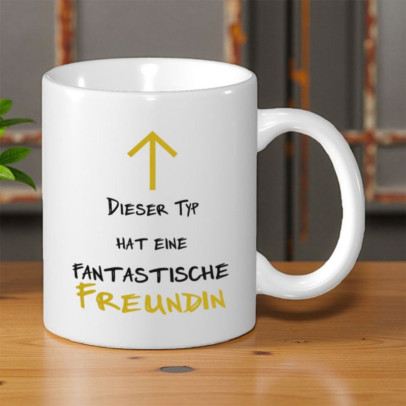 Tailorly White Ceramic 11 oz Mug - Simple White Ceramic With Minimalist Yellow Arrow And Handwritten Text Style Mug