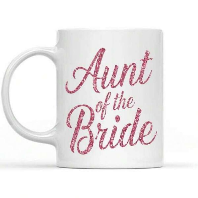 Tailorly White Ceramic 11 oz Mug - Aunt Of The Bride Sparkling Pink Glitter Script Style On Smooth White Surface Mug