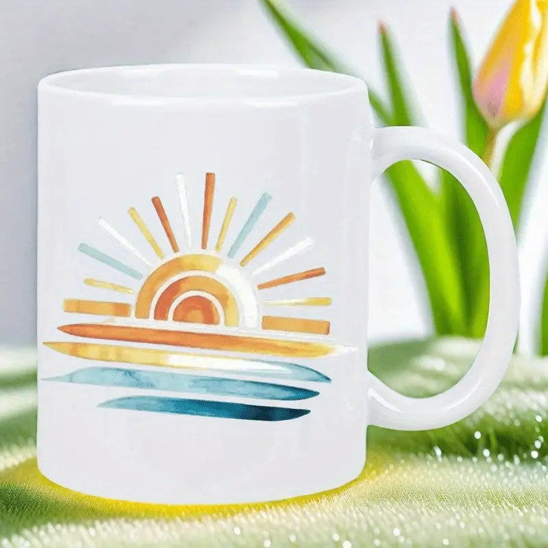 Tailorly White Ceramic 11 oz Mug - Vibrant Watercolor Sun With Rays Rising Above Calm Blue Abstract Waves Sun