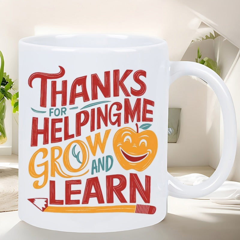 Tailorly White Ceramic 11 oz Mug - Thanks For Helping Me Grow And Learn Smiling Orange Apple Featuring A Yellow Pencil And Colorful Typography Apple