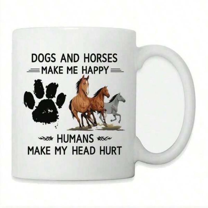 Tailorly White Ceramic 11 oz Mug - Dogs And Horses Make Me Happy Humans Make My Head Hurt Majestic Animals Running Freely Beside A Large Textured Black Paw Horse