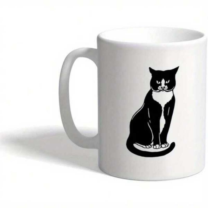 Tailorly White Ceramic 11 oz Mug - Elegant Minimalist Black And White Tuxedo Cat Sitting In Serene Repose Cat