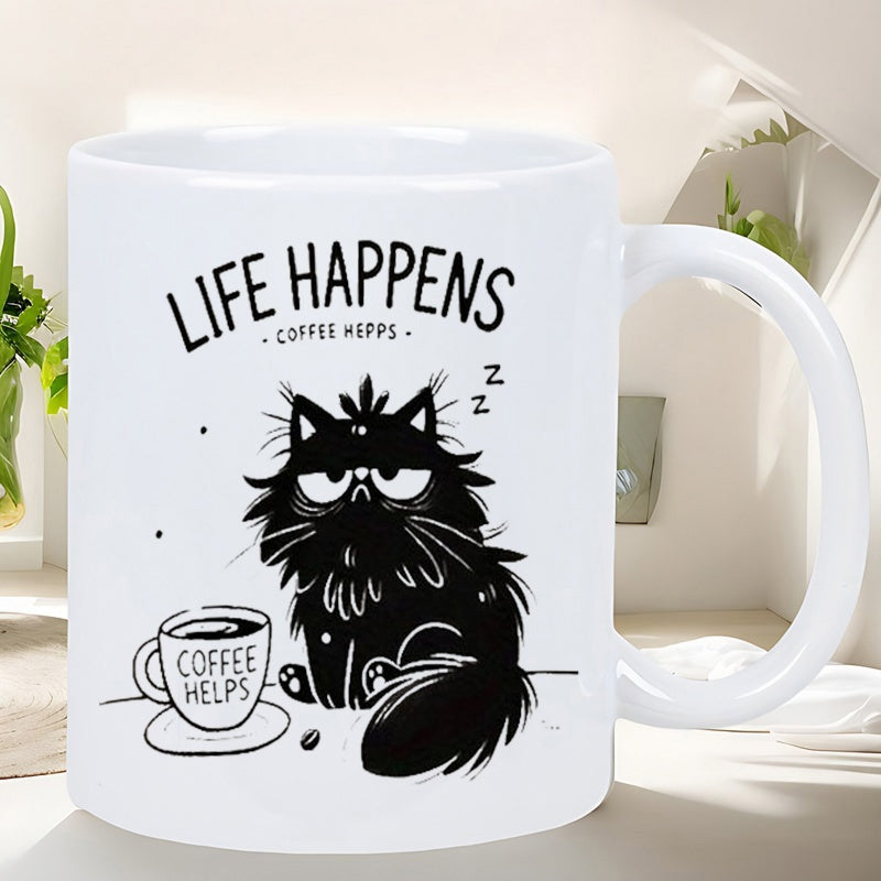 Tailorly White Ceramic 11 oz Mug - Life Happens Coffee Helps Grumpy Black Cat Sitting Beside A Steaming Hot Morning Coffee Cat