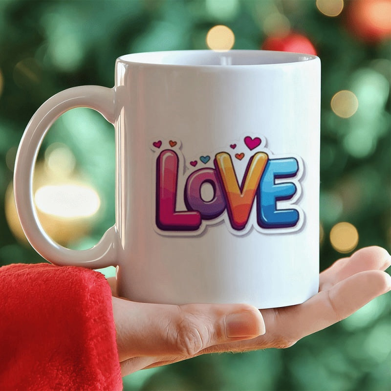 Tailorly White Ceramic 11 oz Mug - Love Vibrant Colorful Three Dimensional Gradient Script Among Tiny Floating Heart