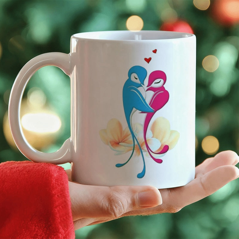 Tailorly White Ceramic 11 oz Mug - Graceful Couple Of Colorful Lovebirds Perched Above Delicate Soft Pastel Blossoms Birds